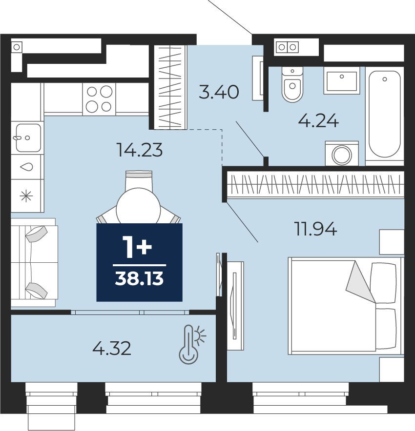Планировка: Евродвушка 38.1 м² в ЖК Мириады, Мыс