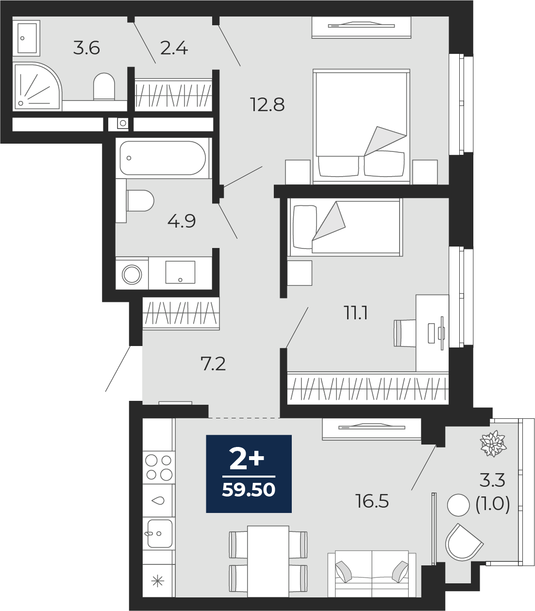 Планировка: Евротрешка 61.8 м² в ЖК Мириады, Мыс