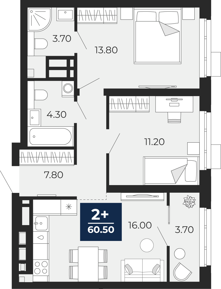 Планировка: Евротрешка 60.5 м² в ЖК Айвазовский, 5-й Заречный