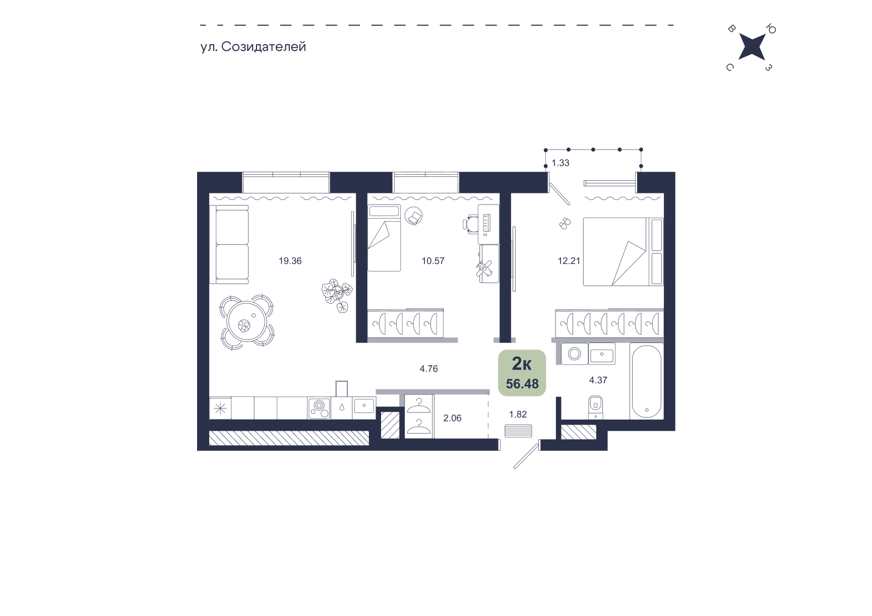 Планировка: Евротрешка 56.5 м² в ЖК Хито, От Слободы до Комарово парк