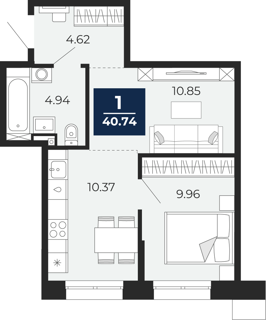 Планировка: 1-комнатная 40.7 м² в ЖК Мириады, Мыс
