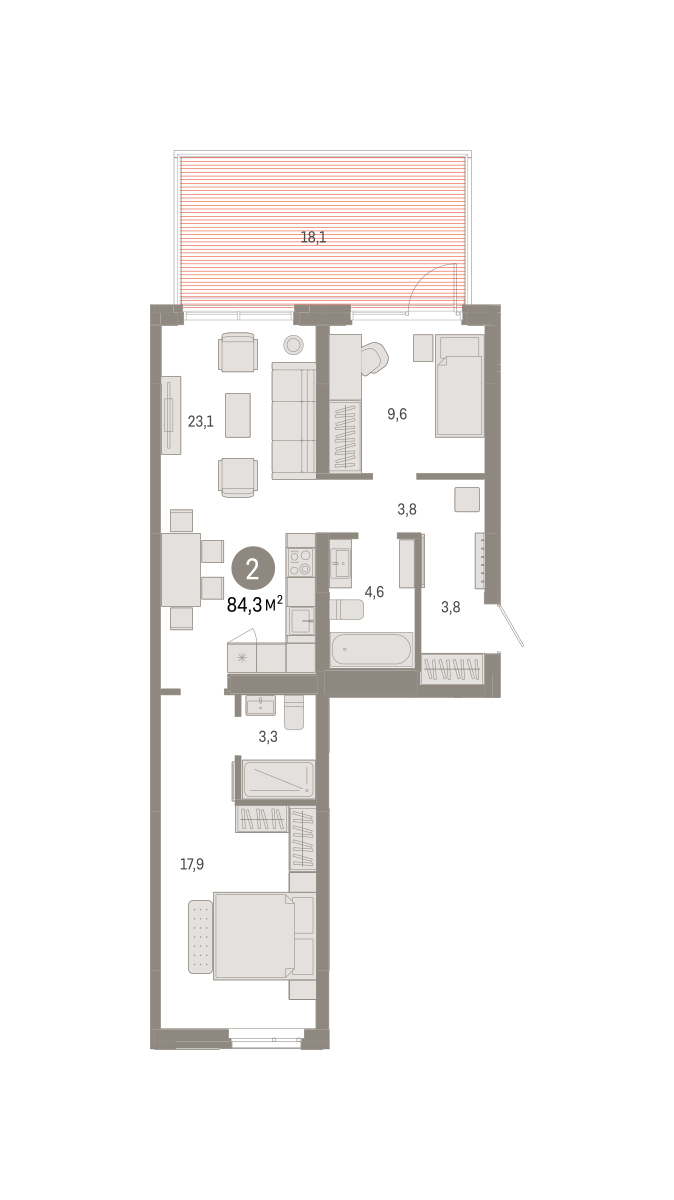 Планировка: Евротрешка 84.3 м² в ЖК Республики 205, Центр: КПД