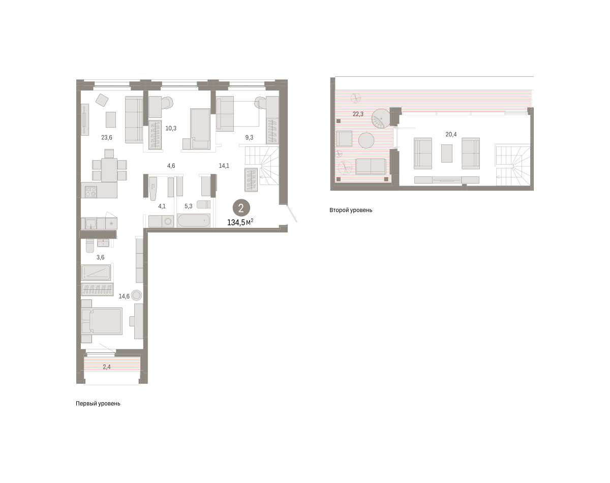 Планировка: 2-комнатная 134.7 м² в ЖК Зарека, Заречный