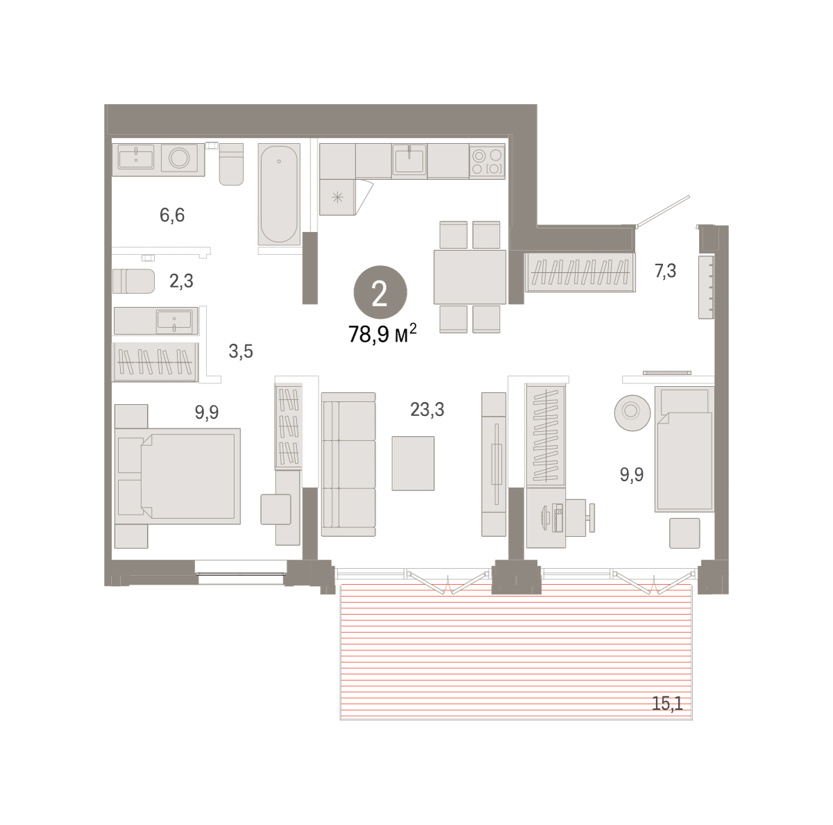 Планировка: 2-комнатная 78.9 м² в ЖК Республики 205, Центр: КПД