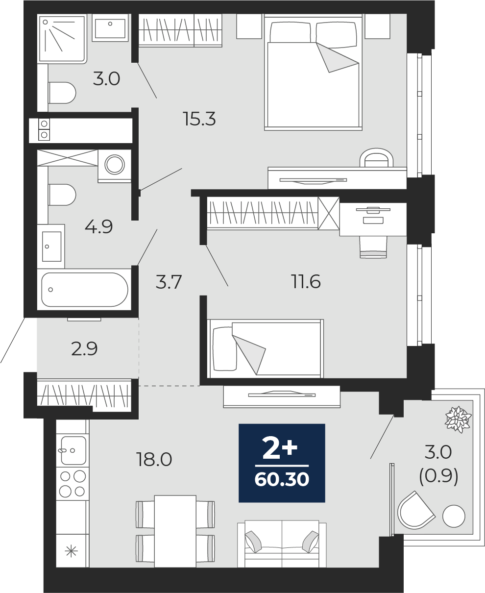 Планировка: 2-комнатная 62.4 м² в ЖК Мириады, Мыс
