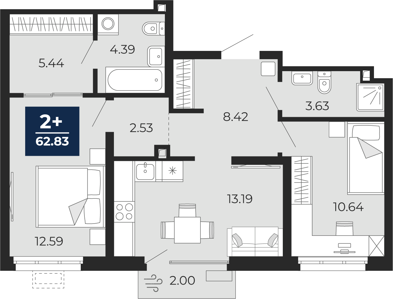 Планировка: Евротрешка 62.8 м² в ЖК Беринг, Лесобаза