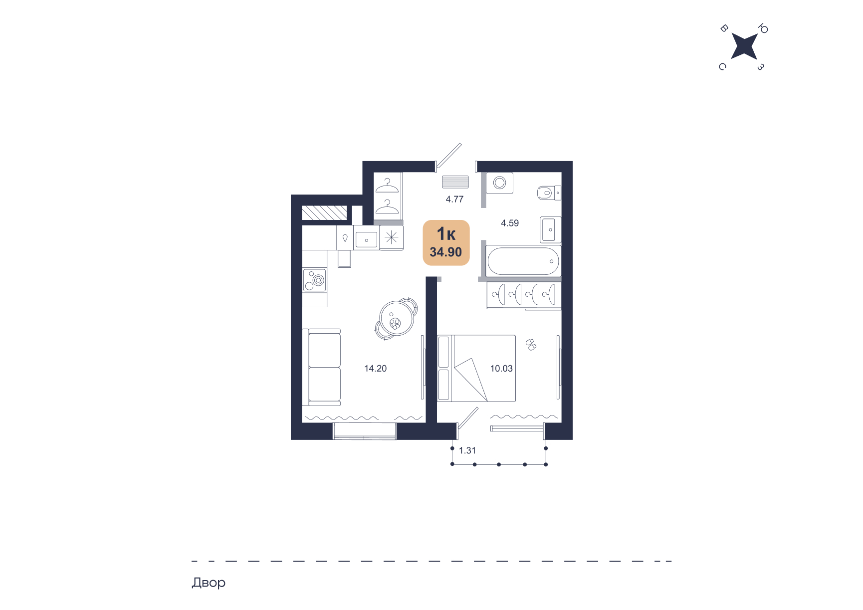 Планировка: Евродвушка 34.9 м² в ЖК Хито, От Слободы до Комарово парк