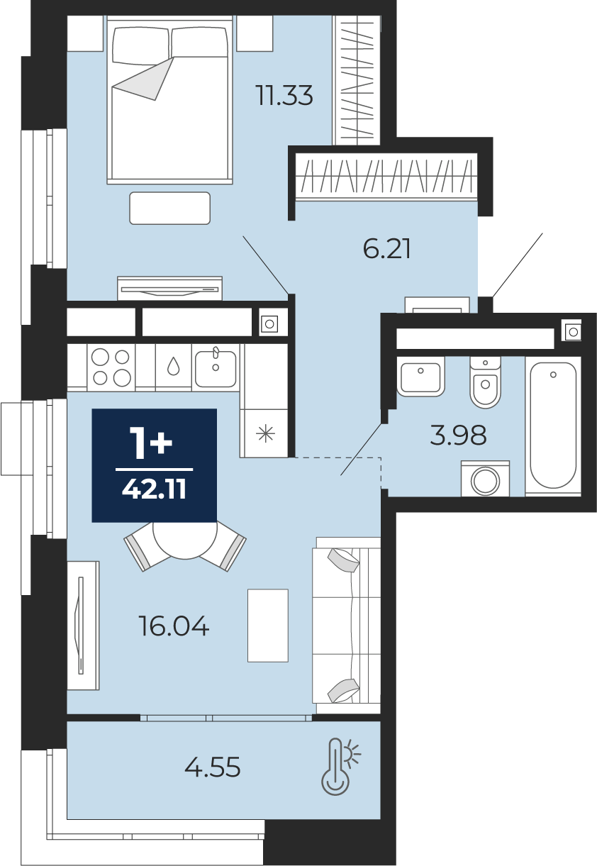 Планировка: Евродвушка 42.1 м² в ЖК Мириады, Мыс
