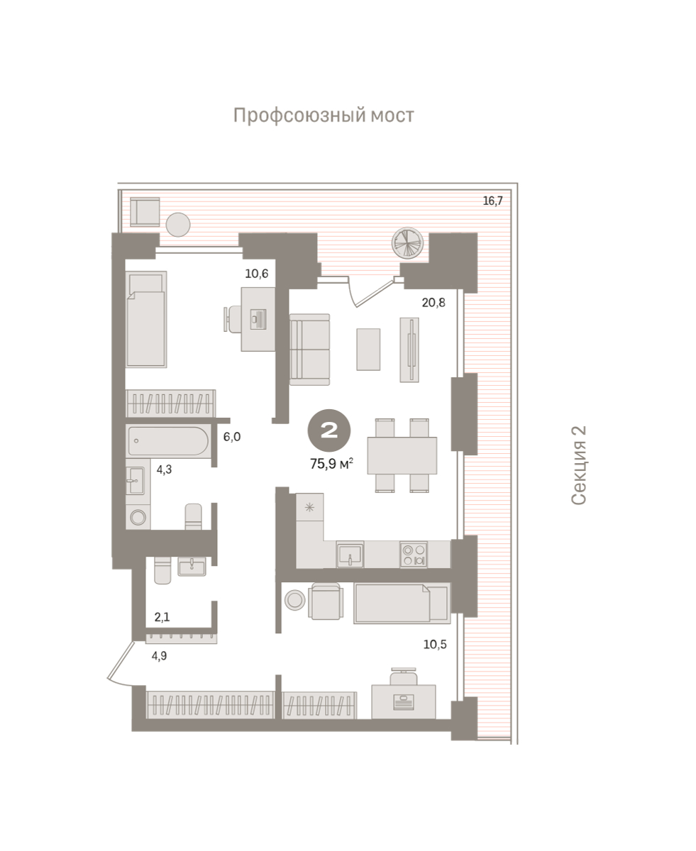 Планировка: Евротрешка 75.9 м² в ЖК Речной порт, Центр: Дом печати