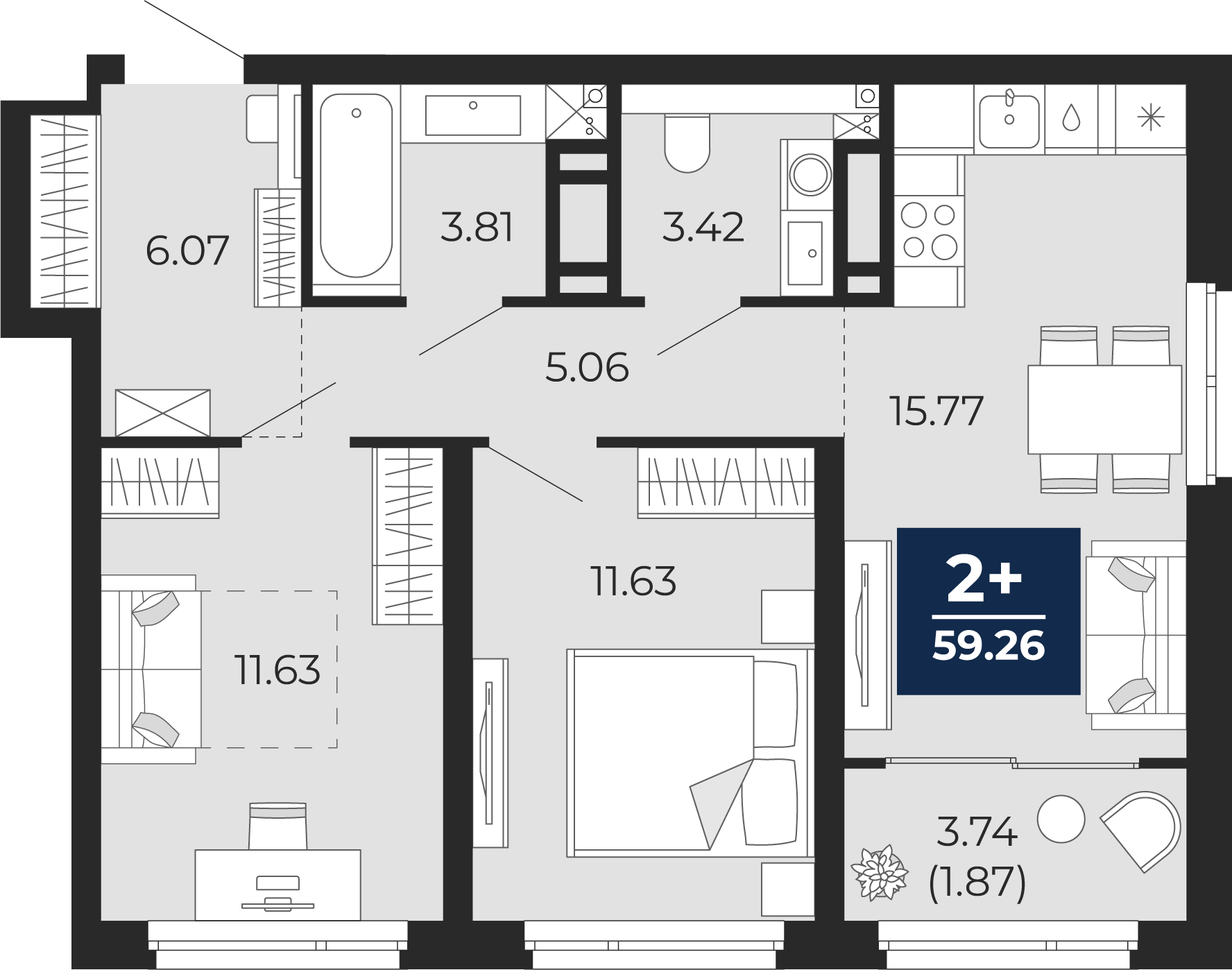 Планировка: Евротрешка 61.1 м² в ЖК Прео, Тюменская слобода