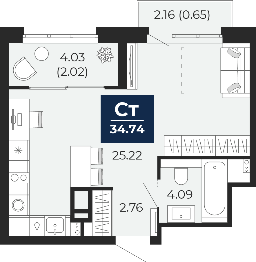 Планировка: Студия 38.3 м² в ЖК Беринг, Лесобаза