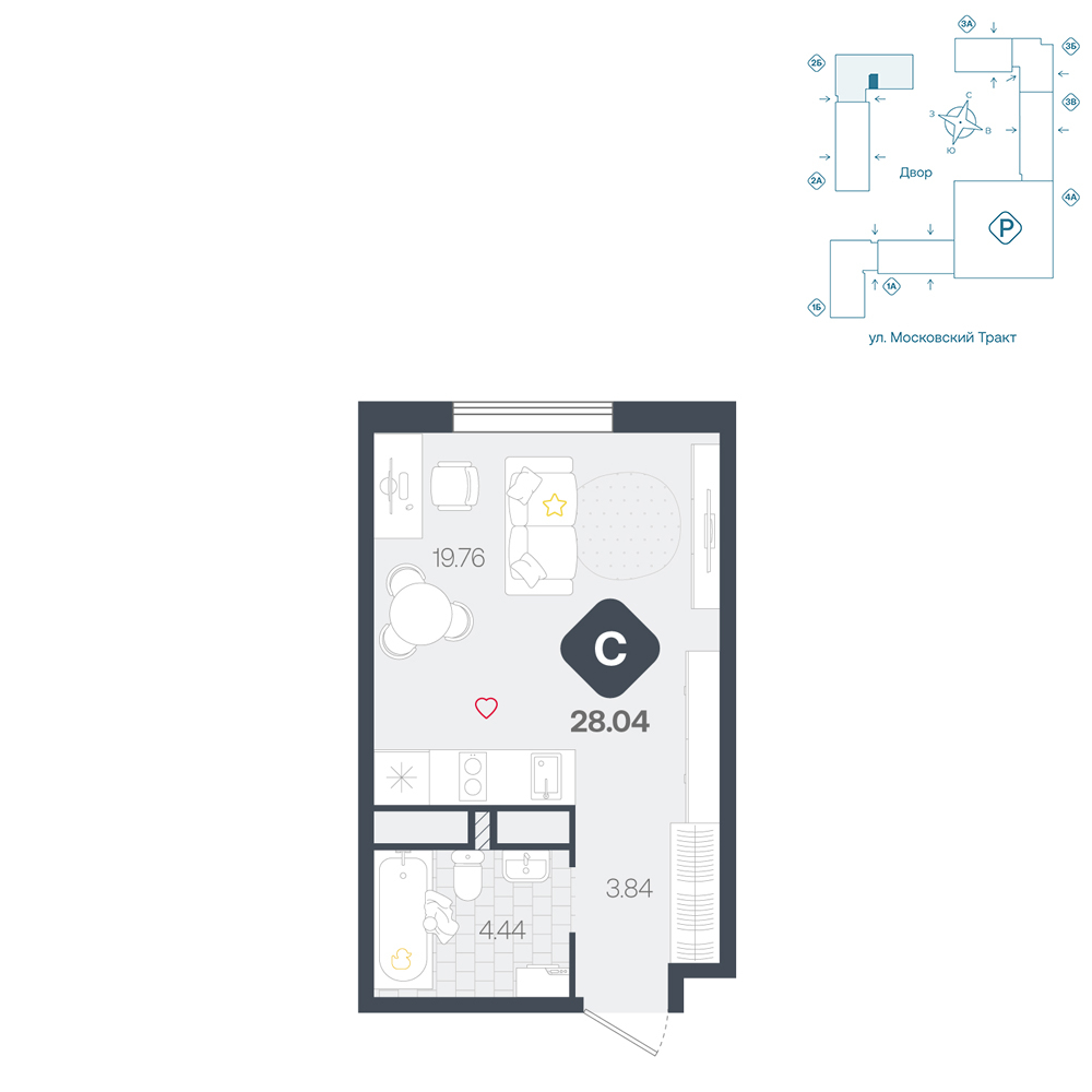 Планировка: Студия 28 м² в ЖК Сибирский, Московский тракт