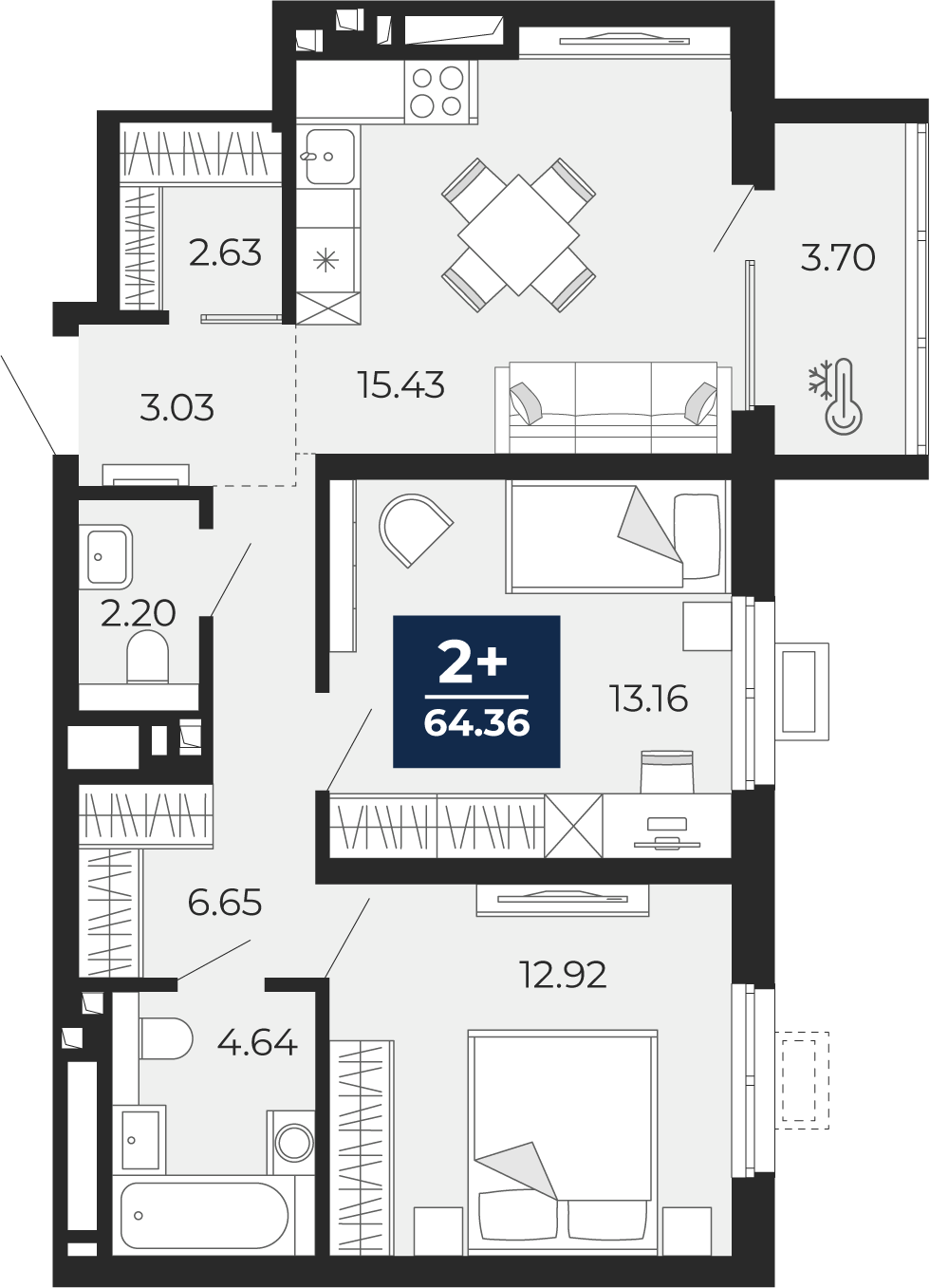 Планировка: Евротрешка 64.4 м² в ЖК Беринг, Лесобаза