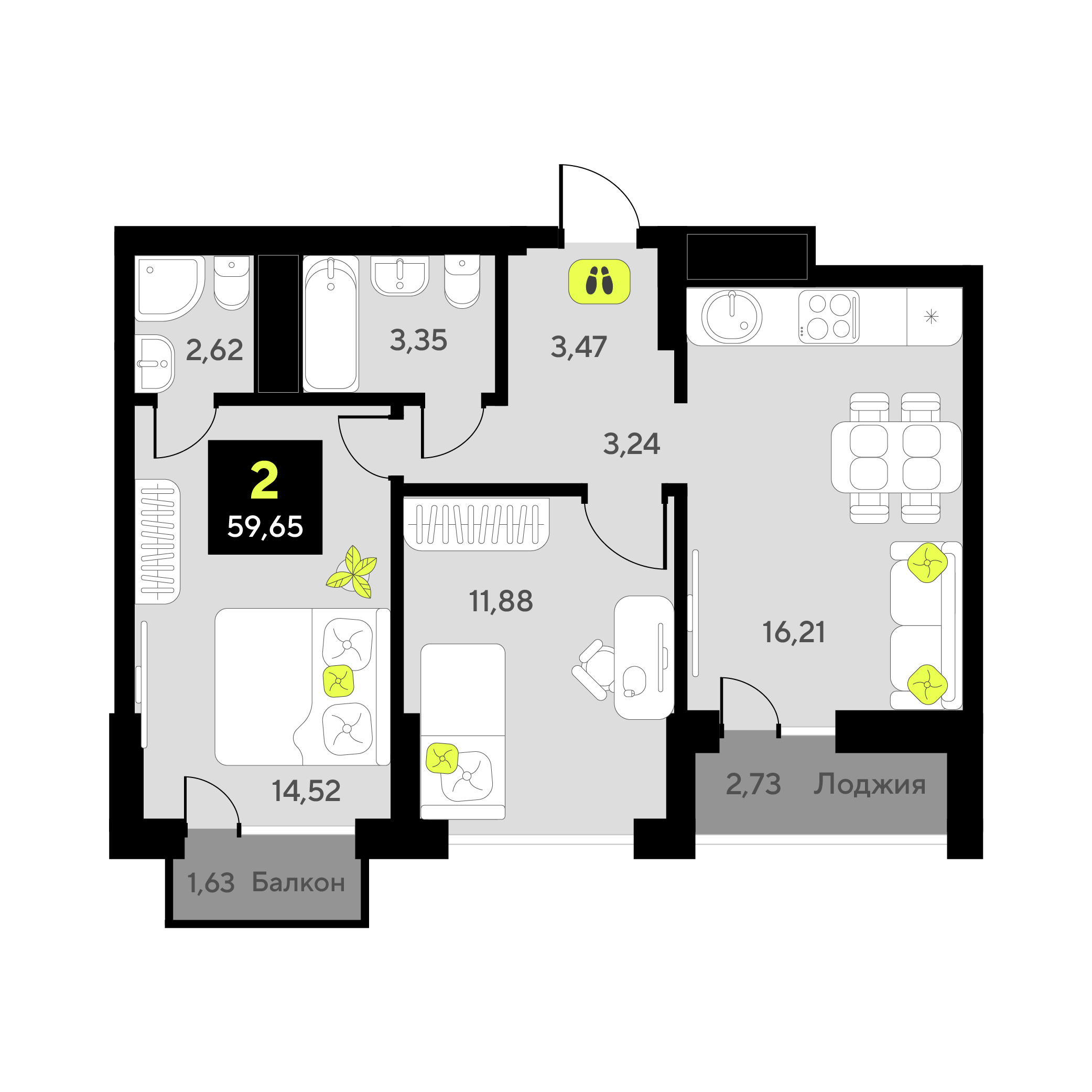 Планировка: Евротрешка 59.6 м² в ЖК Окинава, 5-й Заречный