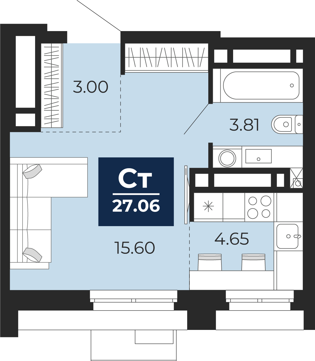 Планировка: Студия 27.1 м² в ЖК Айвазовский, 5-й Заречный