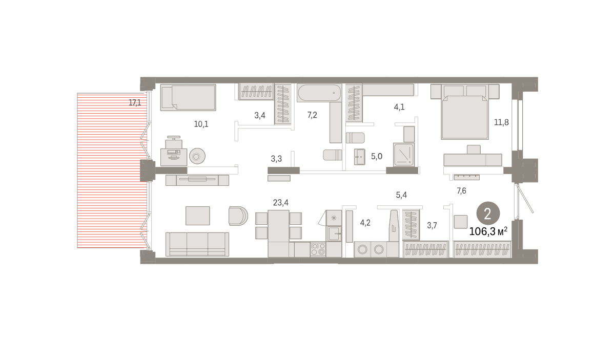 Планировка: Евротрешка 106.3 м² в ЖК Республики 205, Центр: КПД