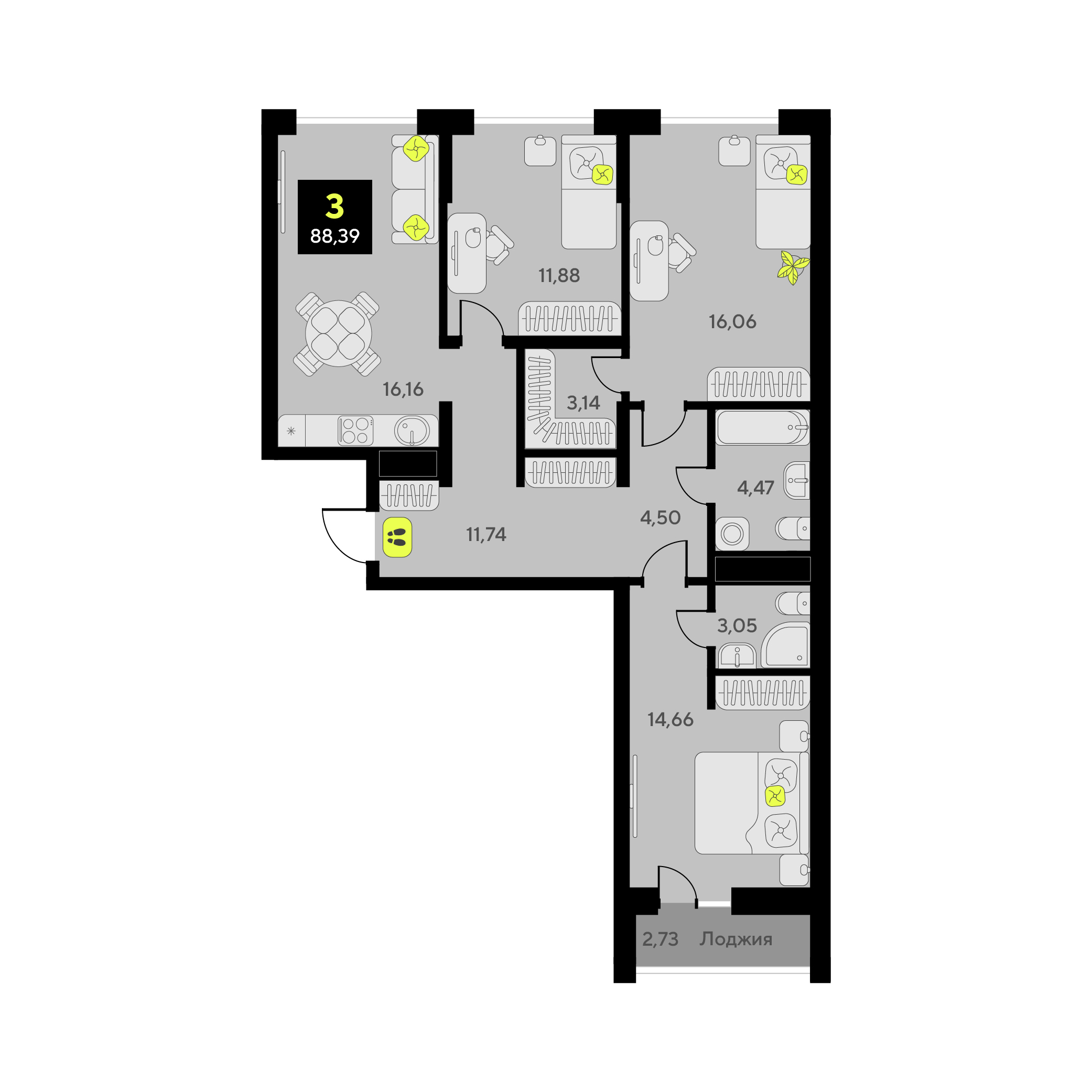 Планировка: 4-комнатная евро 88.4 м² в ЖК Окинава, 5-й Заречный