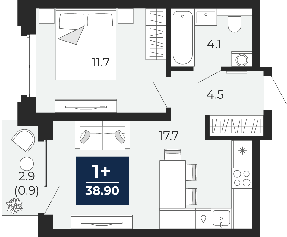 Планировка: Евродвушка 40.9 м² в ЖК Мириады, Мыс