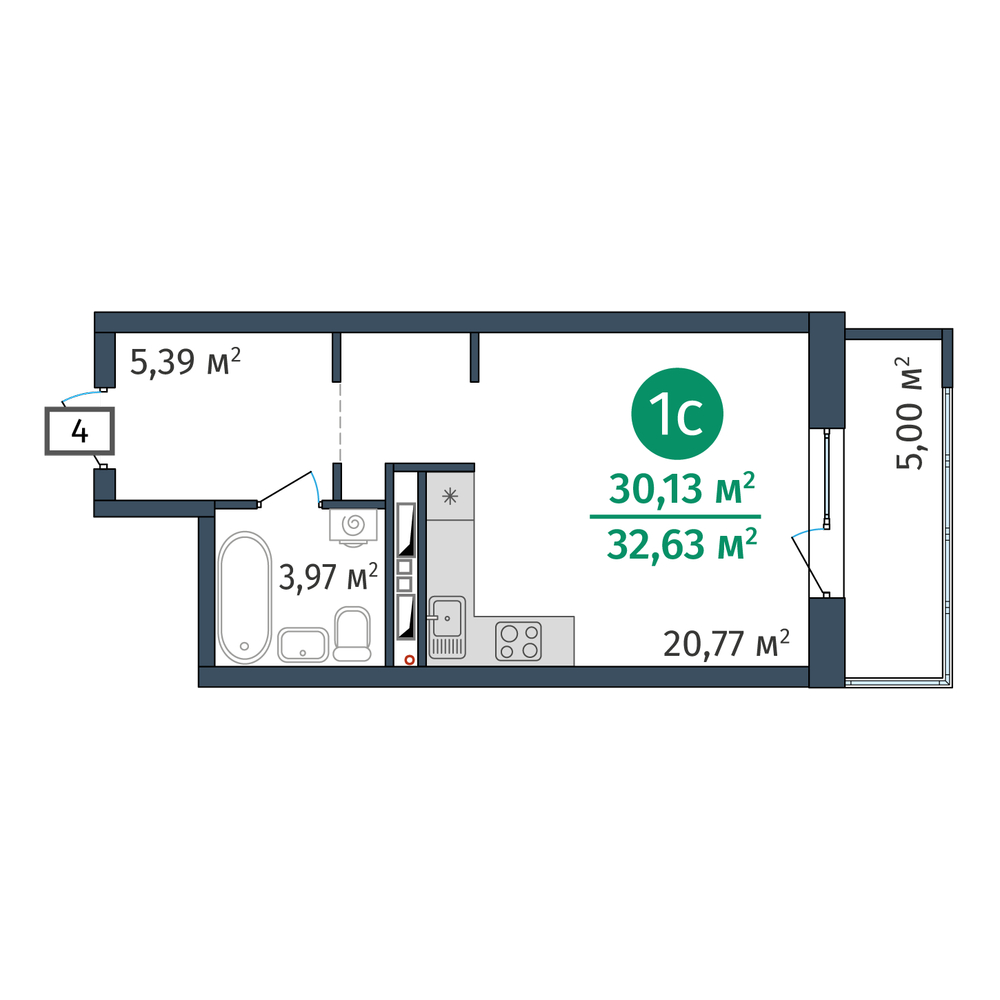 Планировка: Студия 30.1 м² в ЖК DOK, ДОК