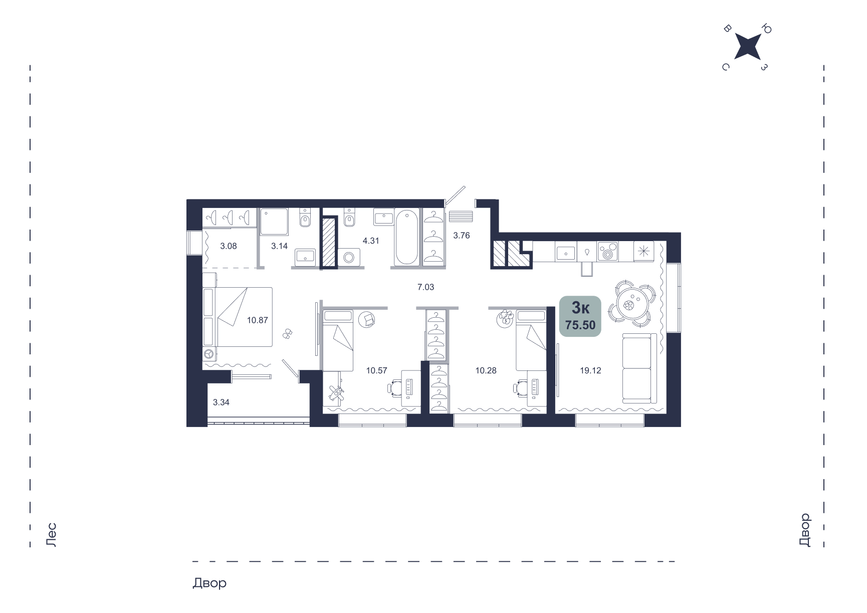 Планировка: 4-комнатная евро 75.5 м² в ЖК Хито, От Слободы до Комарово парк