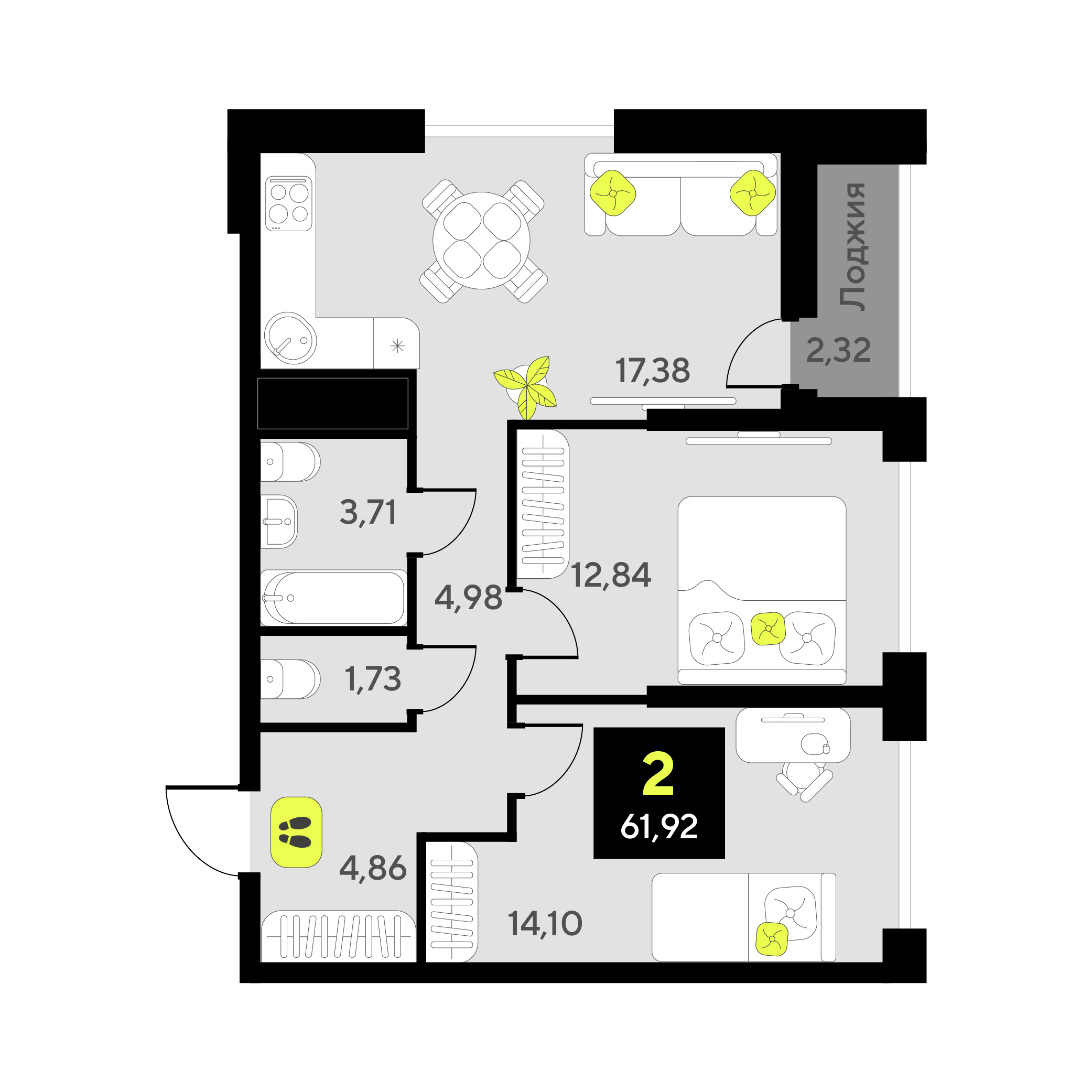 Планировка: Евротрешка 61.9 м² в ЖК Окинава, 5-й Заречный