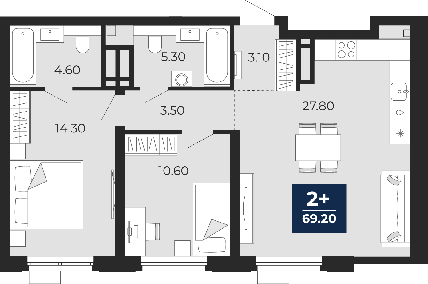 Планировка: Евротрешка 69.2 м² в ЖК Айвазовский, 5-й Заречный