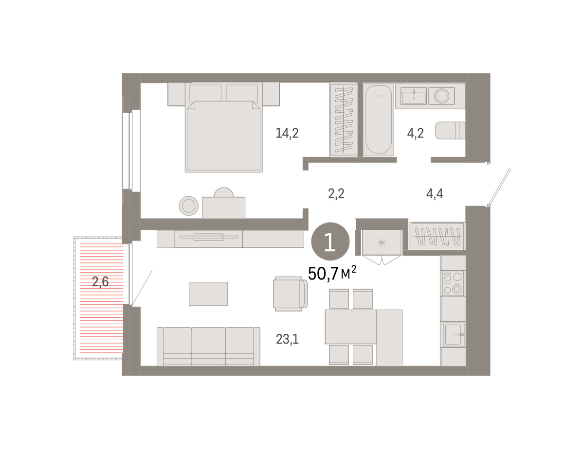 Планировка: Евродвушка 50.7 м² в ЖК Зарека, Заречный