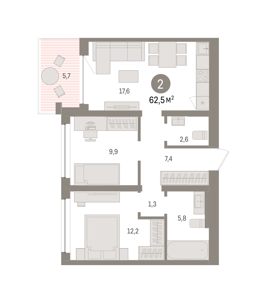 Планировка: 2-комнатная 62.5 м² в ЖК Дом у озера, Европейский