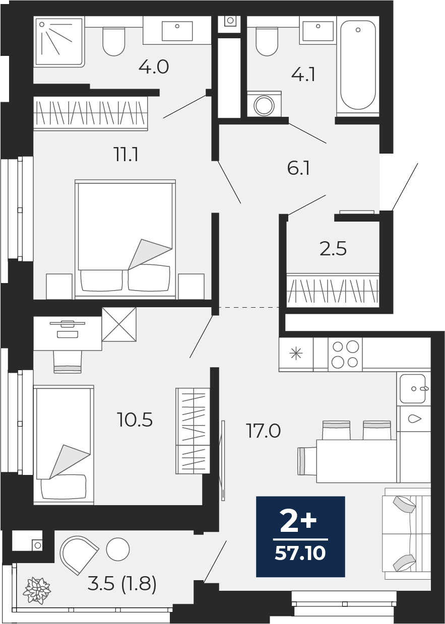 Планировка: Евротрешка 58.8 м² в ЖК Мириады, Мыс