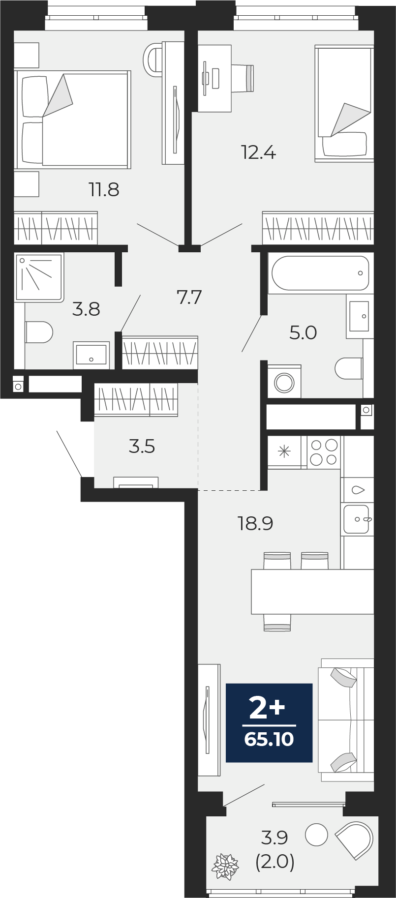 Планировка: Евротрешка 67 м² в ЖК Мириады, Мыс