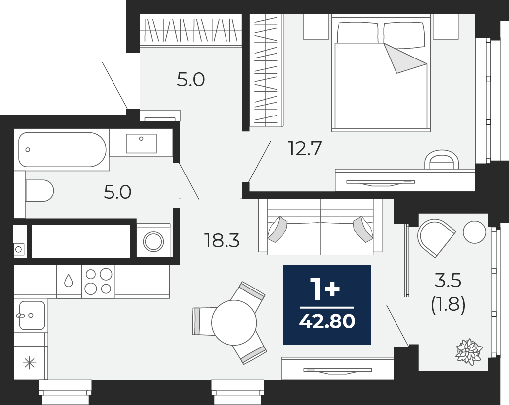 Планировка: Евродвушка 44.5 м² в ЖК Мириады, Мыс