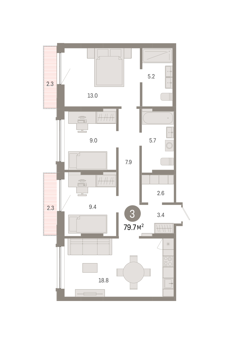 Планировка: 3-комнатная 79.7 м² в ЖК Октябрьский на Туре, ДОК