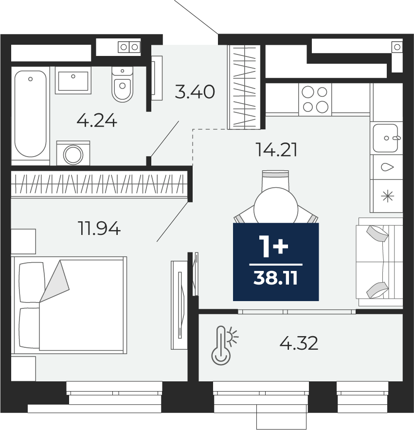 Планировка: Евродвушка 38.1 м² в ЖК Мириады, Мыс