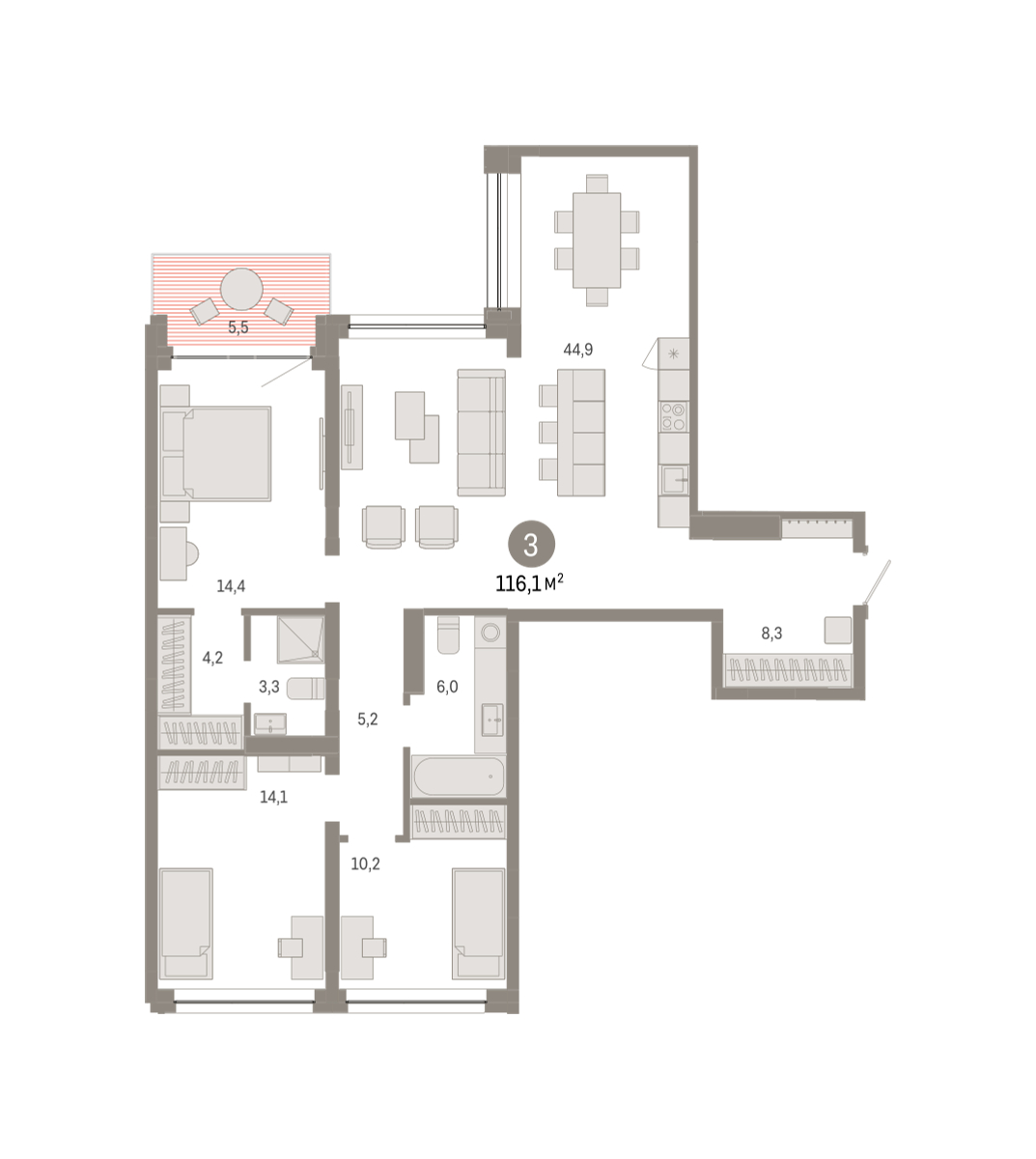 Планировка: 3-комнатная 116.1 м² в ЖК Дом у озера, Европейский