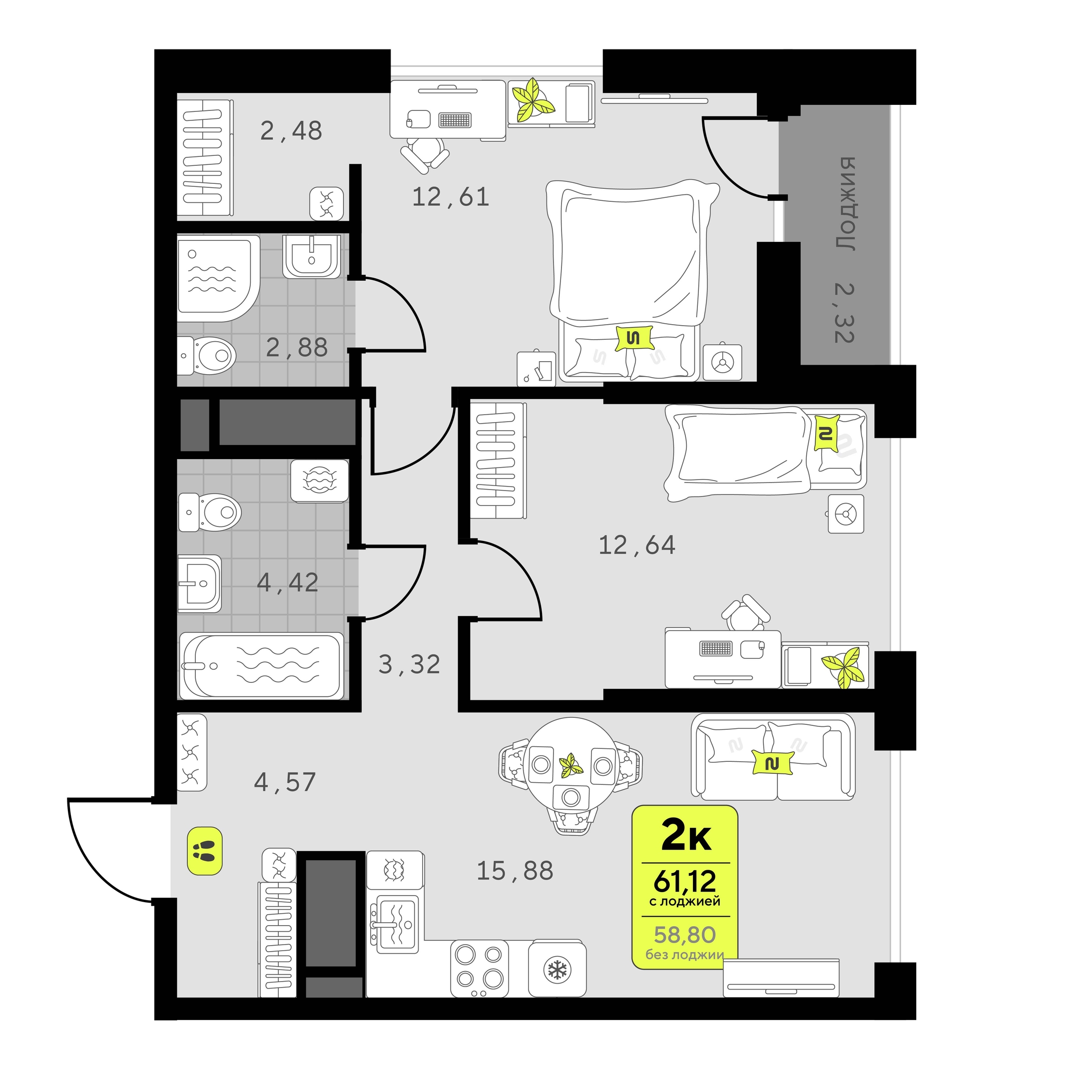 Планировка: Евротрешка 61.1 м² в ЖК Мотивы, От Плеханова до Южного