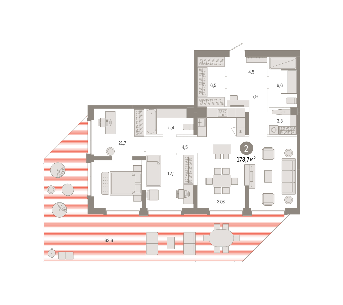 Планировка: Евротрешка 173.7 м² в ЖК Зарека, Заречный