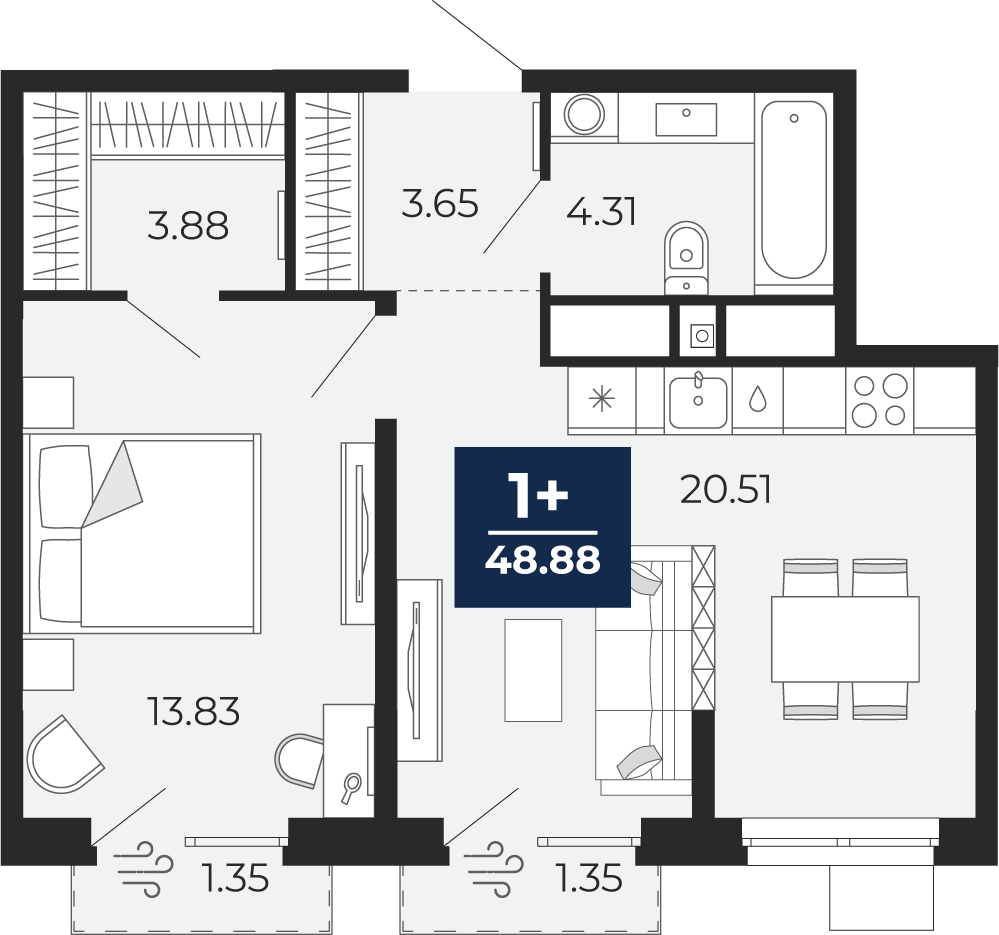 Планировка: Евродвушка 48.9 м² в ЖК Мириады, Мыс