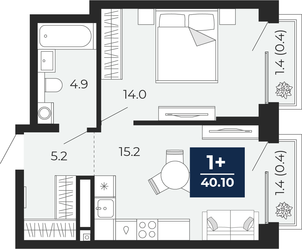 Планировка: Евродвушка 42.1 м² в ЖК Мириады, Мыс