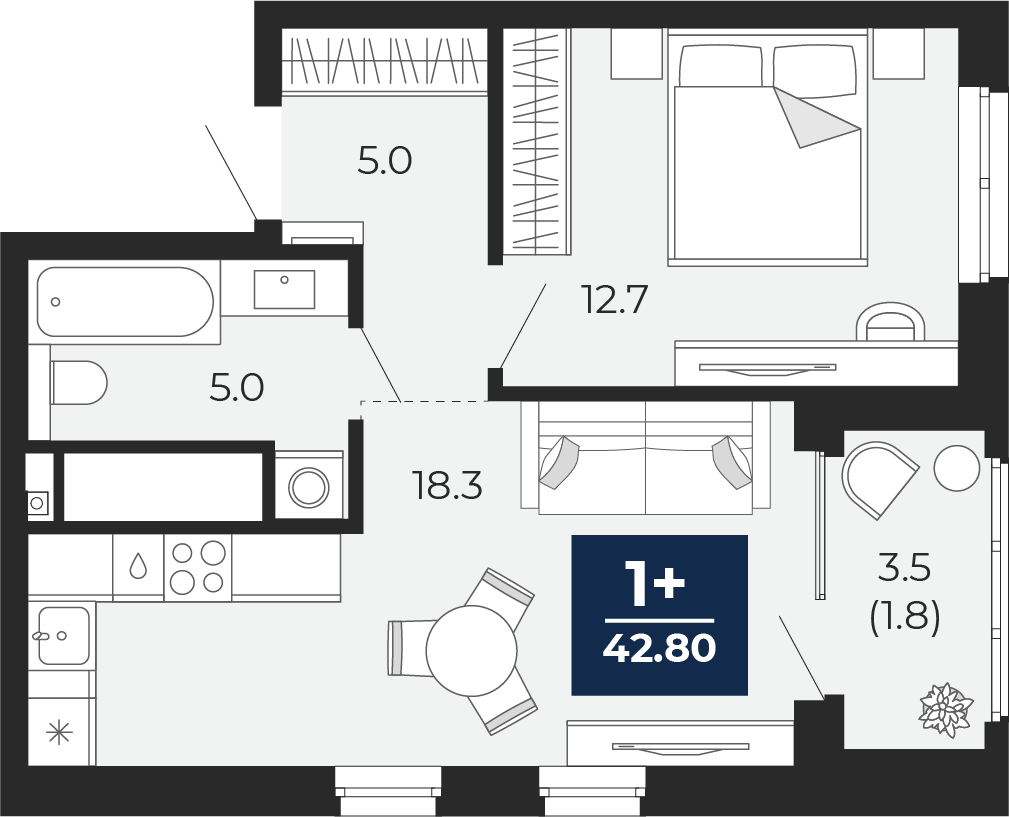 Планировка: Евродвушка 44.5 м² в ЖК Мириады, Мыс