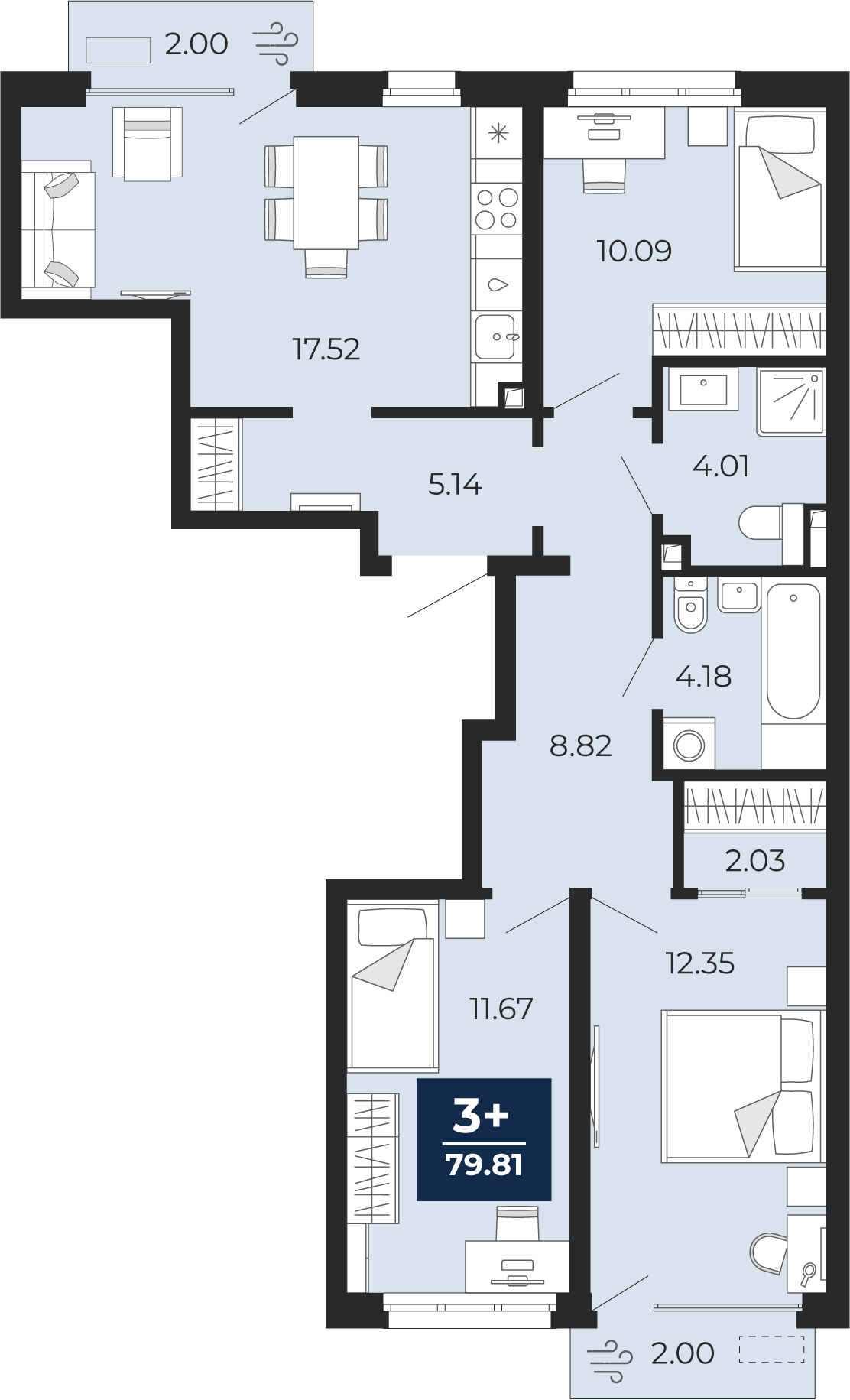Планировка: 4-комнатная евро 79.8 м² в ЖК Беринг, Лесобаза