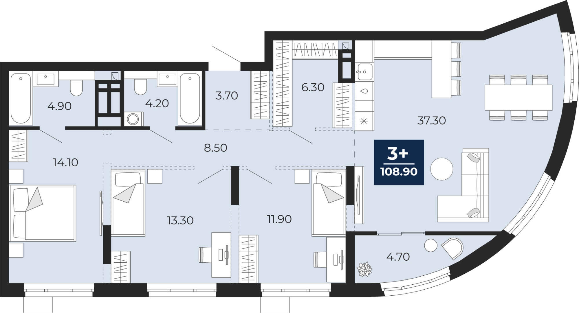 Планировка: 4-комнатная евро 108.9 м² в ЖК Айвазовский, 5-й Заречный
