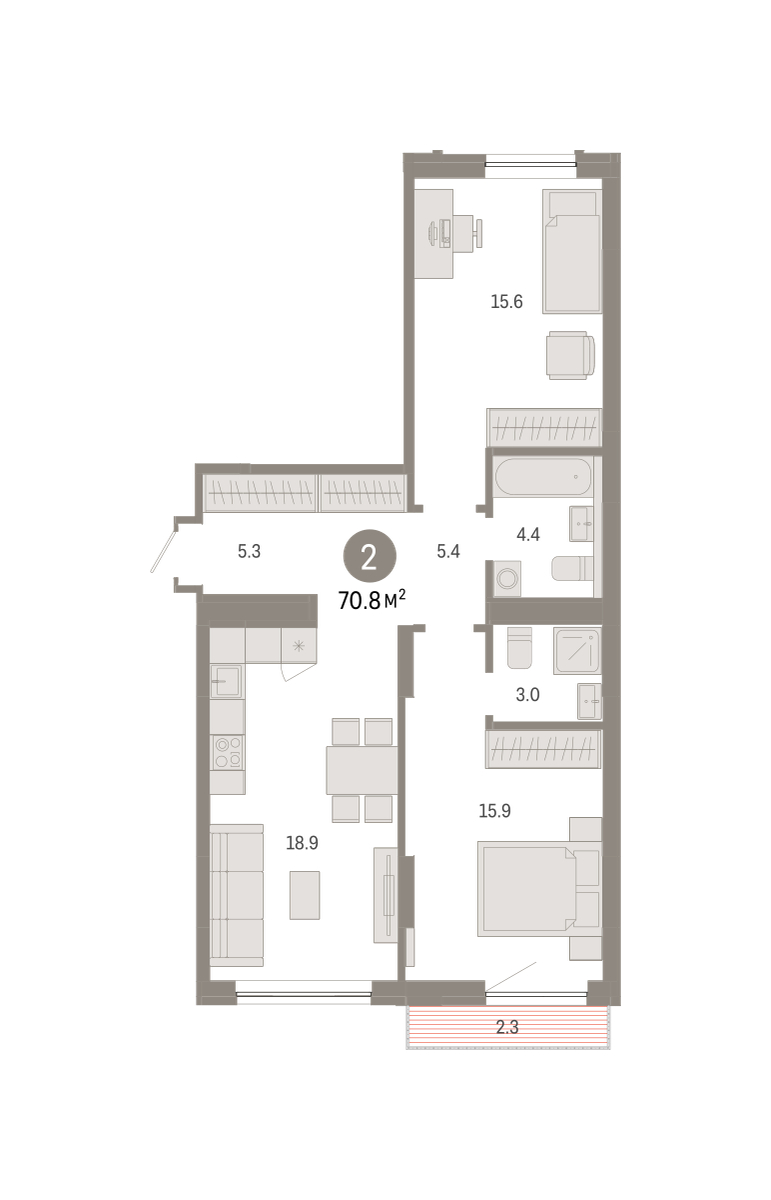 Планировка: 2-комнатная 70.8 м² в ЖК Октябрьский на Туре, ДОК