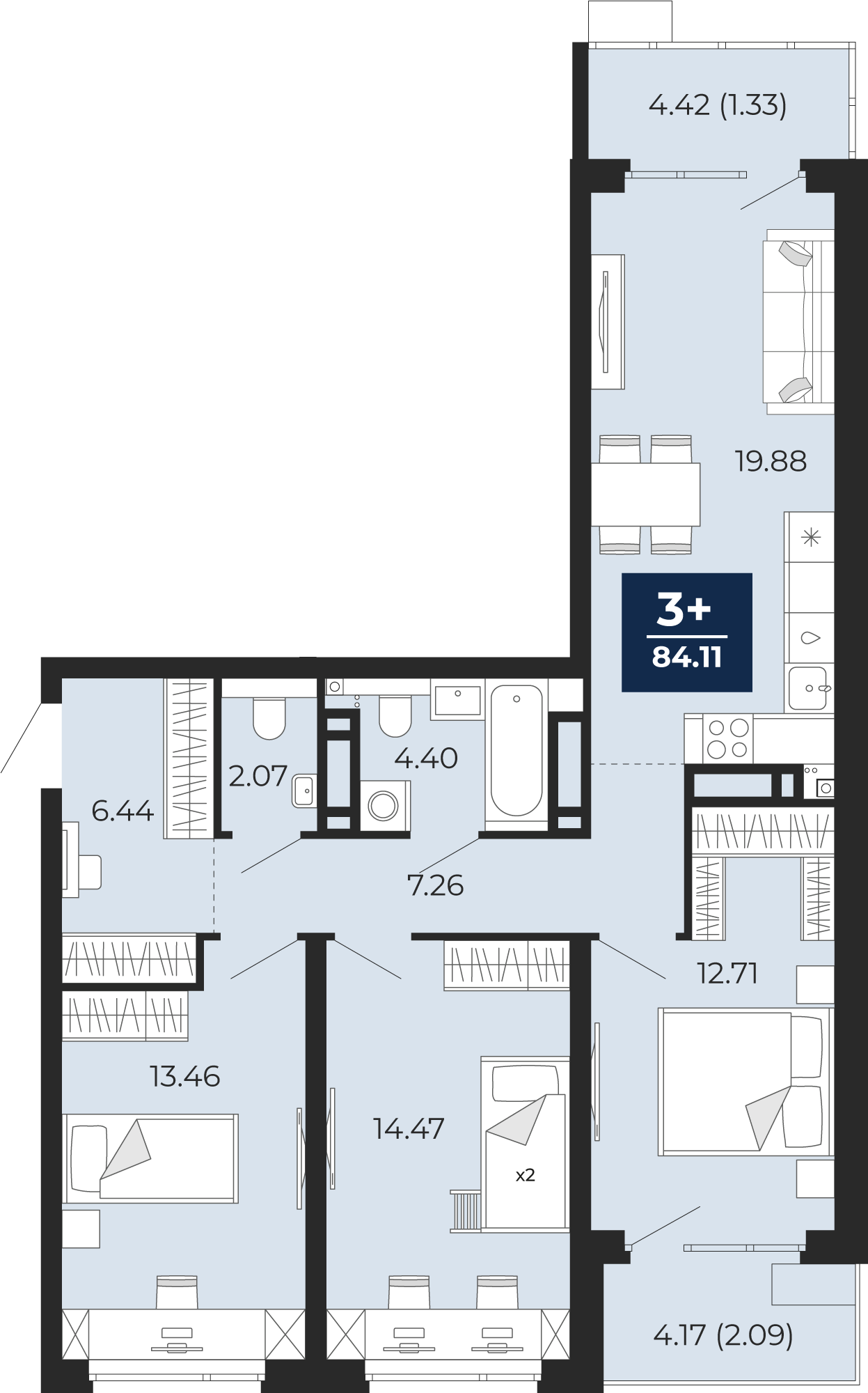 Планировка: 4-комнатная евро 89.3 м² в ЖК Прео, Тюменская слобода