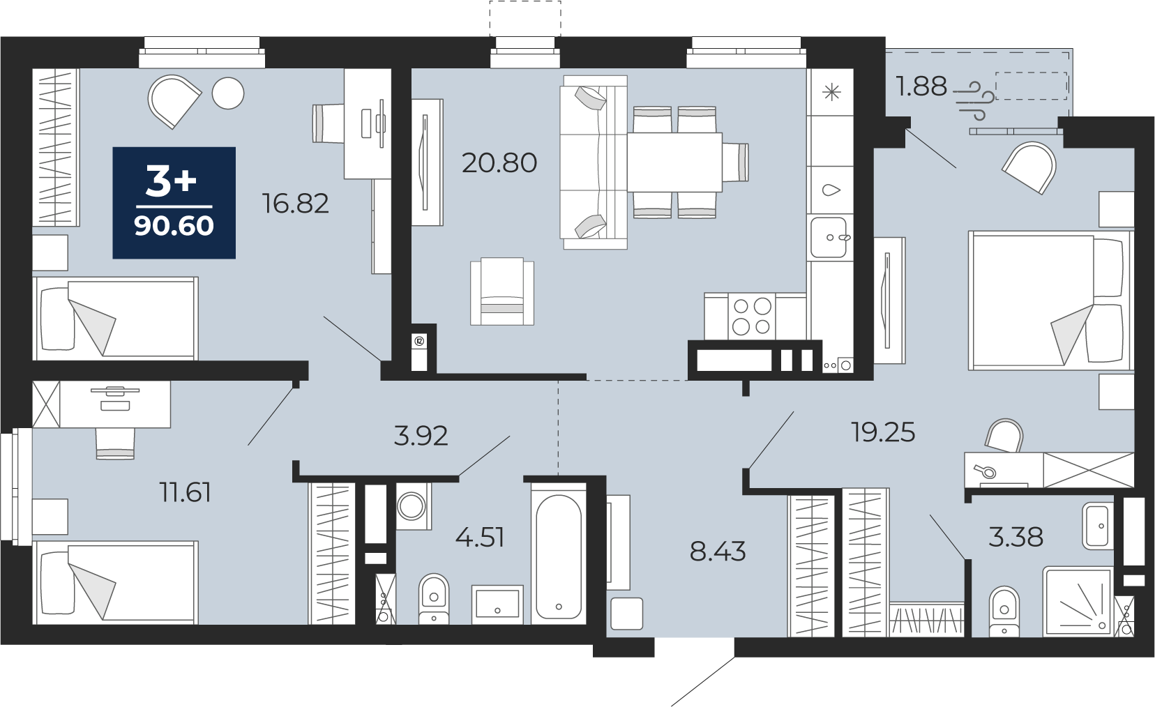 Планировка: 4-комнатная евро 90.6 м² в ЖК Мириады, Мыс