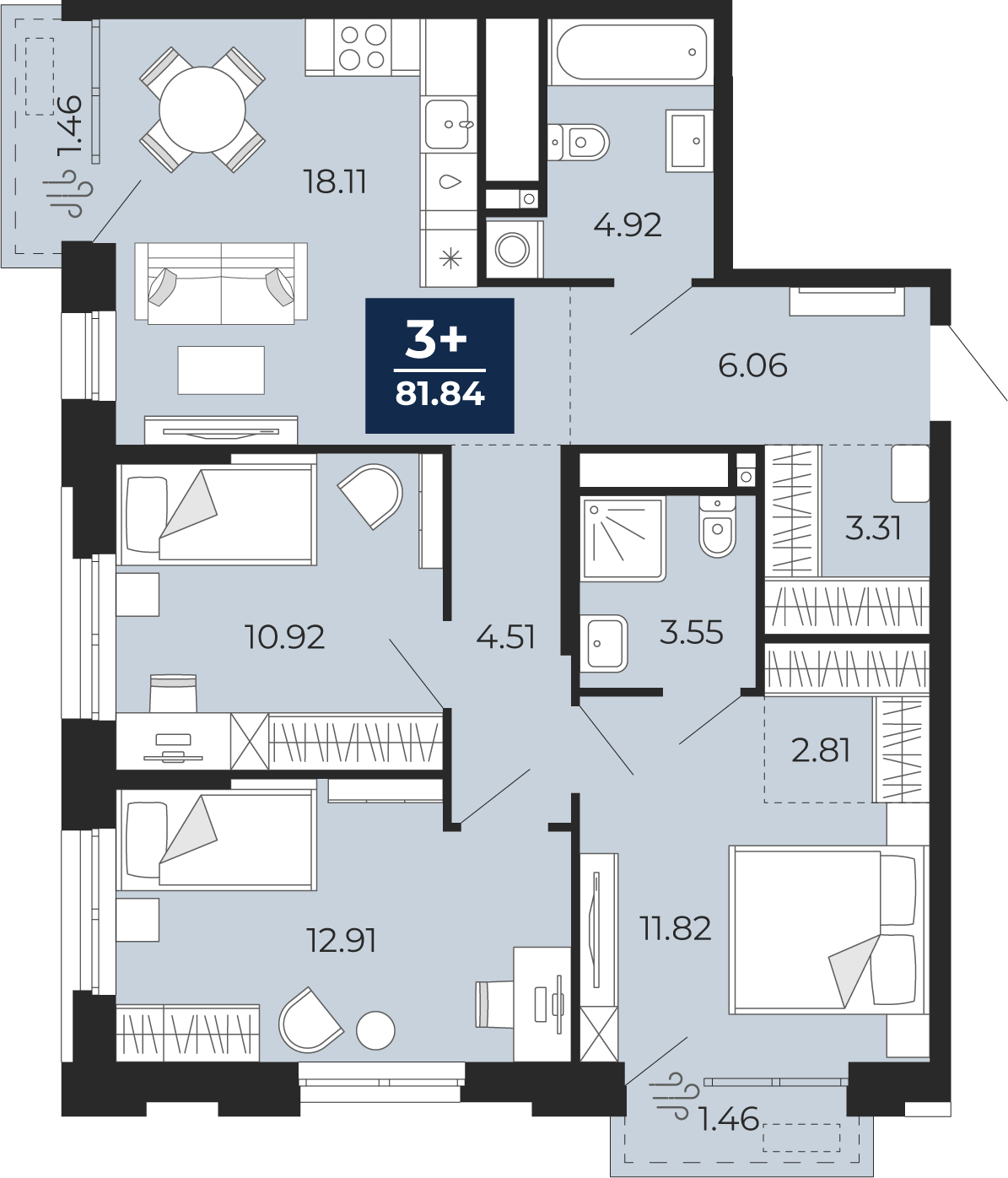 Планировка: 4-комнатная евро 81.8 м² в ЖК Мириады, Мыс