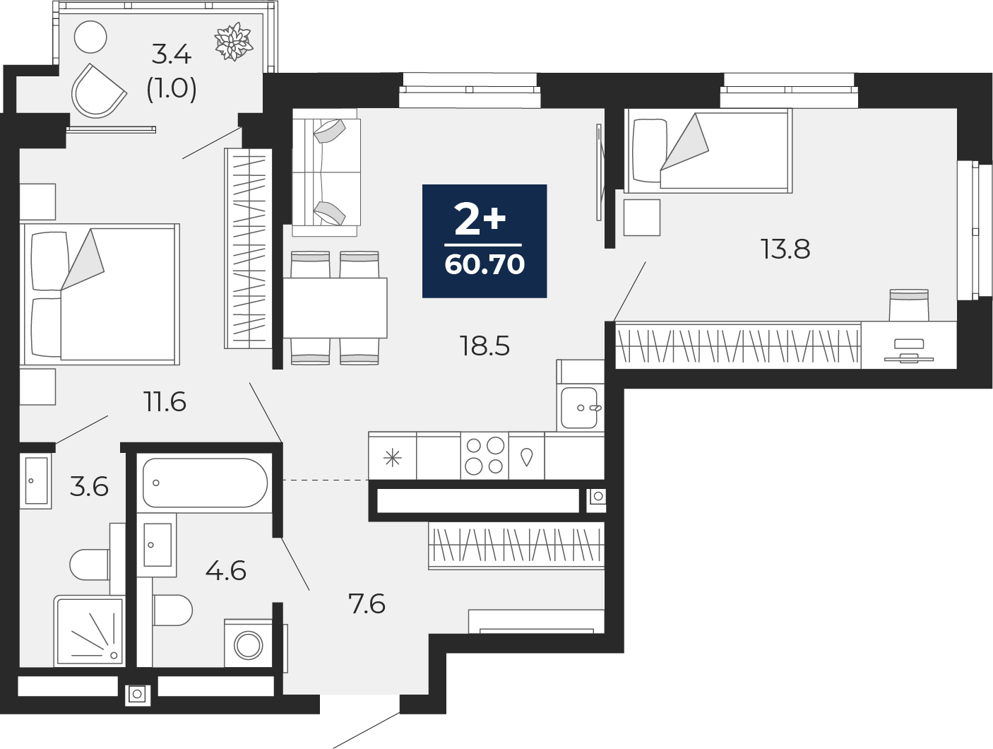 Планировка: Евротрешка 63.1 м² в ЖК Мириады, Мыс