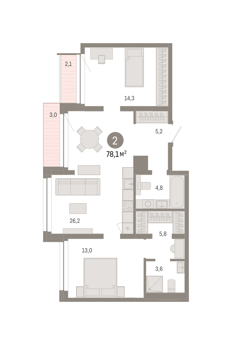 Планировка: 2-комнатная 78.1 м² в ЖК Дом у озера, Европейский