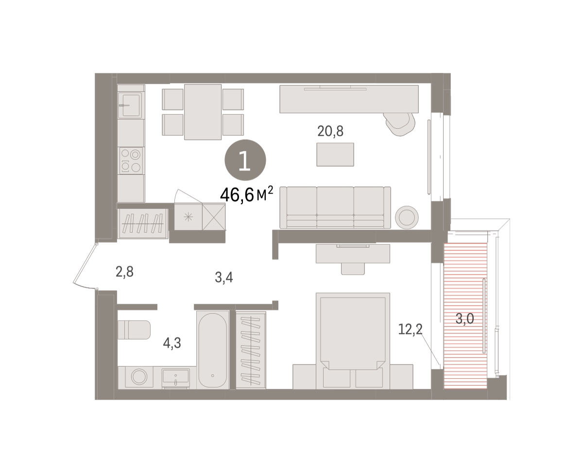 Планировка: 1-комнатная 46.5 м² в ЖК На Минской, Центр: Драмтеатр