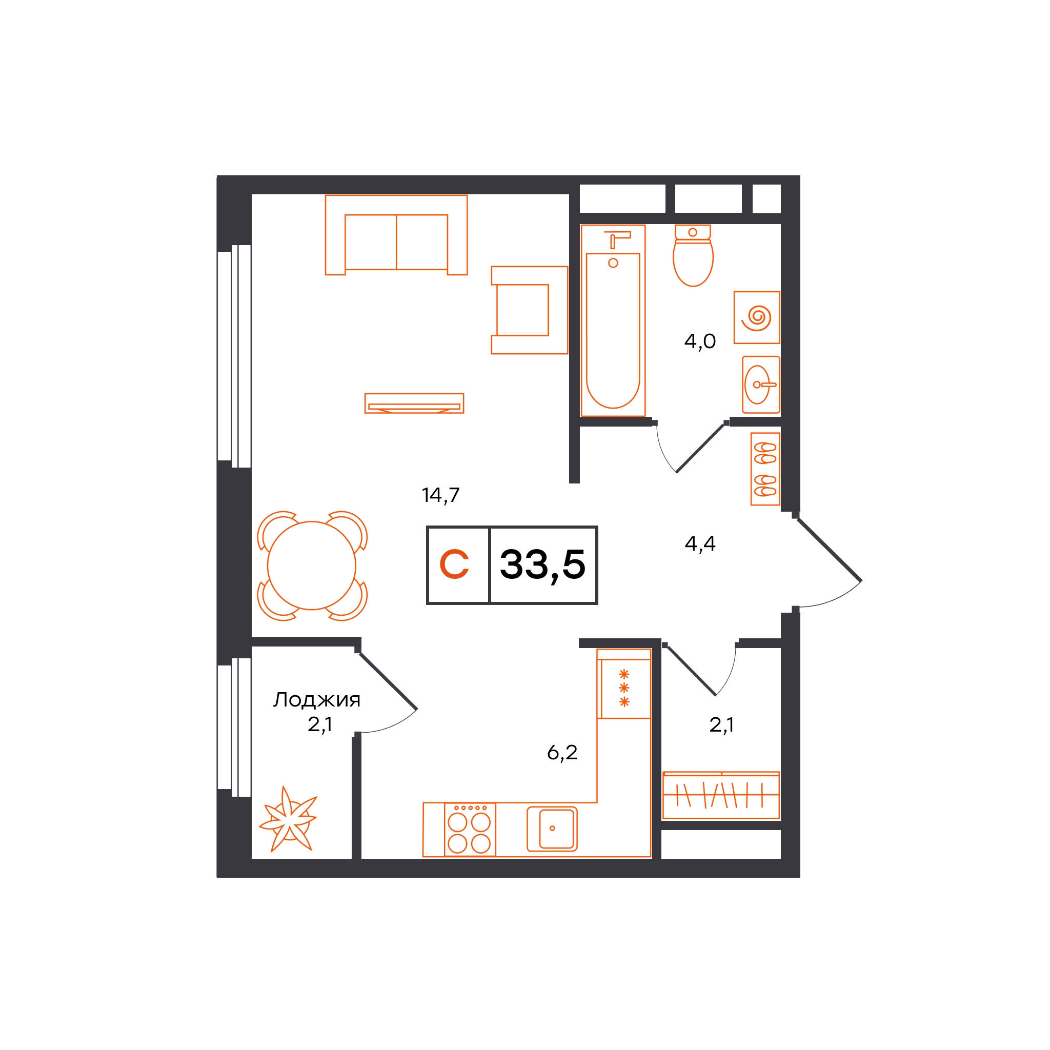 Планировка: Студия 33.5 м² в ЖК Отличие, Комарово Парк
