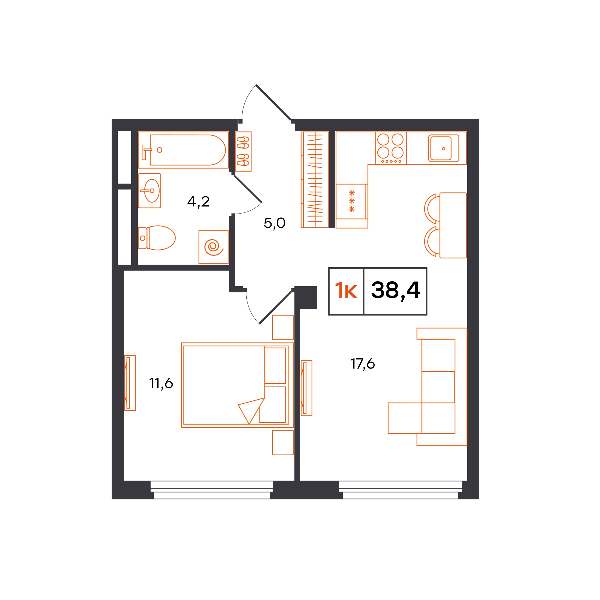Планировка: Евродвушка 38.4 м² в ЖК Отличие, Комарово Парк